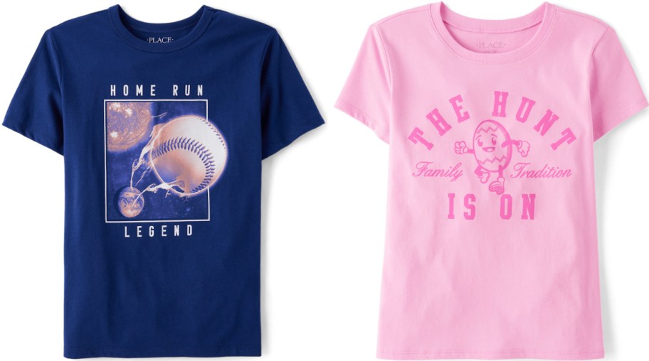 A navy blue T-shirt with a "Home Run Legend" graphic of a baseball and planet. Next to it, a pink T-shirt with "The Hunt Is On" and an egg illustration.