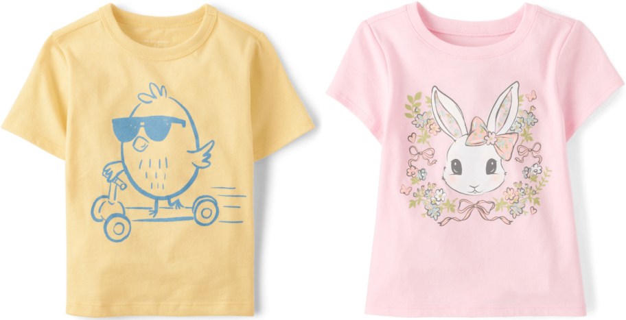 Two kids' t-shirts: a yellow one with a chick in sunglasses riding a scooter, and a pink one featuring a bunny surrounded by flowers and bows.