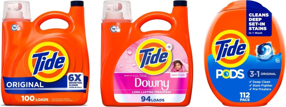 2 bottles of Tide Detergent and a container of Tide Pods