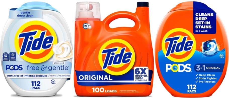 Three Tide laundry detergent products: Tide Pods Free & Gentle, Tide Original, and Tide Pods 3-in-1 Original.