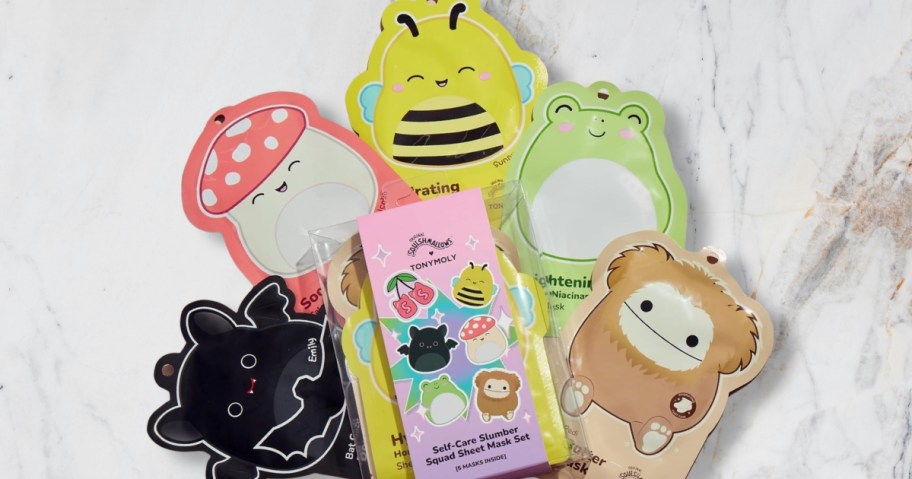 five TONYMOLY Squishmallows face masks