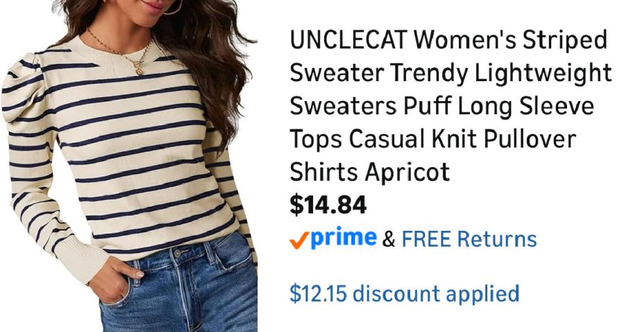 woman wearing striped sweater next to Amazon pricing information