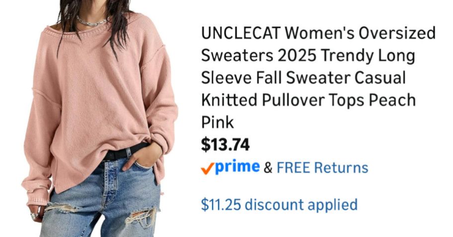 woman wearing pink sweater next to Amazon pricing information