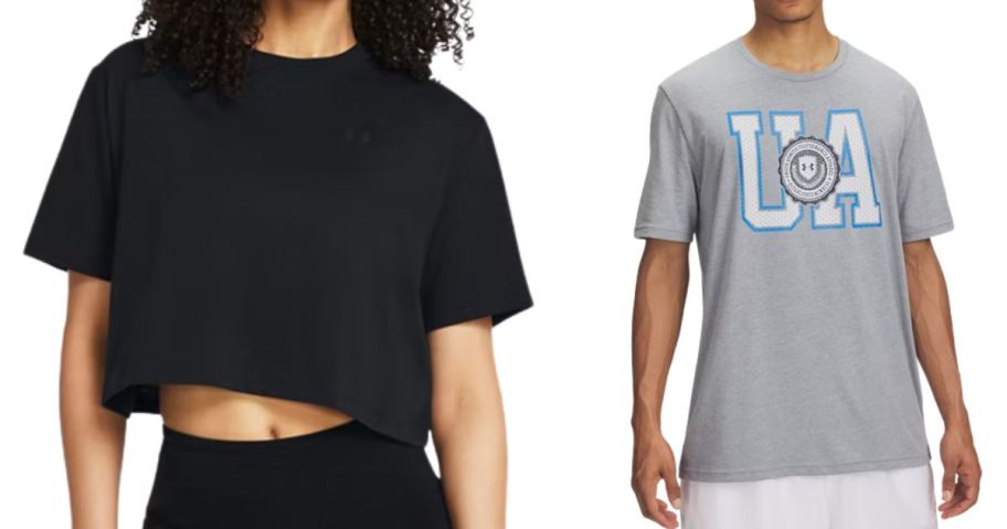 a woman and a man wearing under armour tops