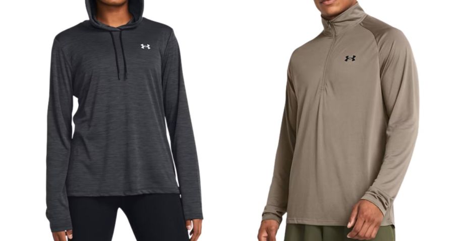 a woman and a man wearing under armour hoodies