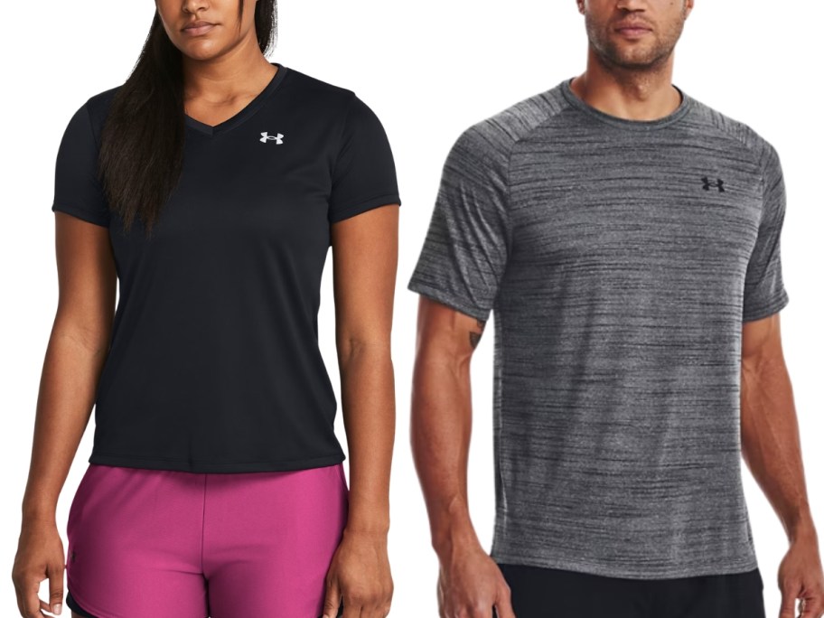 a woman and a man wearing Under Armour clothing