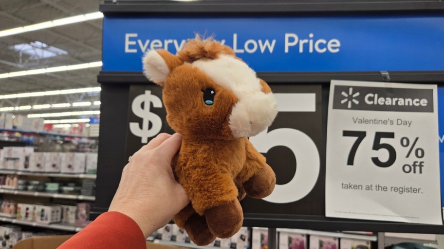 womans hand holding a small horse valentines plush