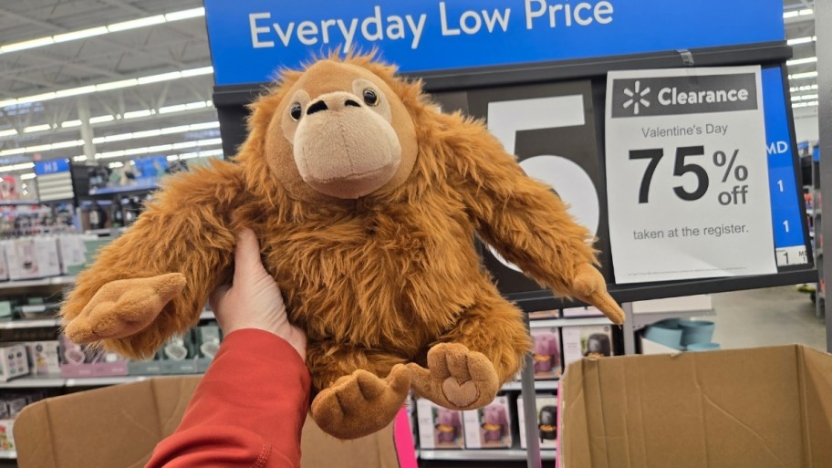 womans hand holding a valentines plush