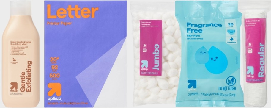 bath wash, printer paper, cotton balls, wet wipes, cotton rounds