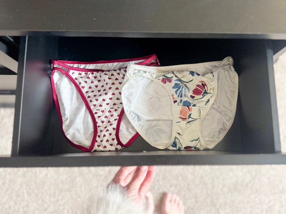 red heart and white floral panties in drawer 