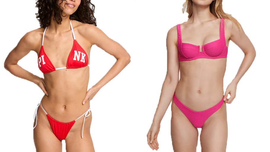 women wearing red and pink swimwear 