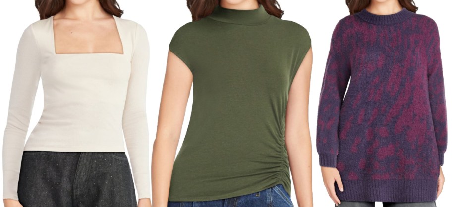 women in white square neck top, green top, and purple sweater