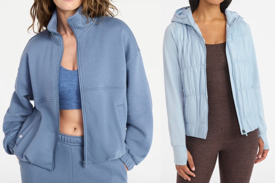 women in blue jacket and light blue active jacket