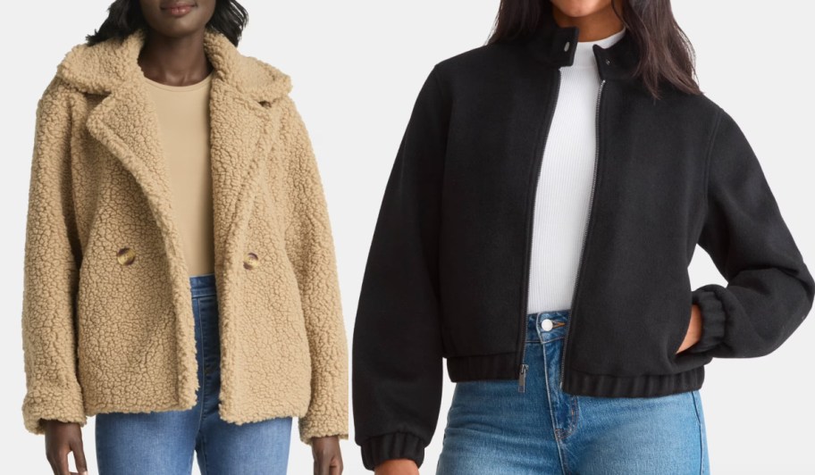 women in khaki teddy jacket and black cropped jacket