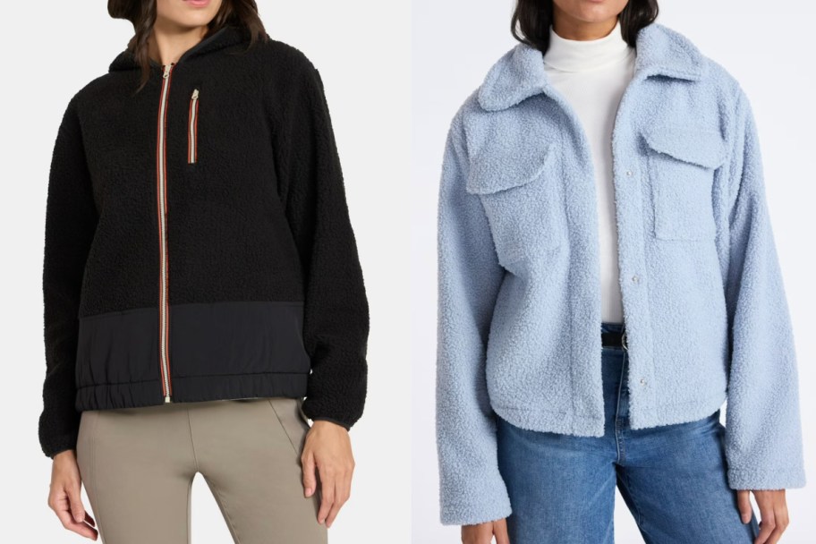 women in black fleece and blue sherpa trucker jacket