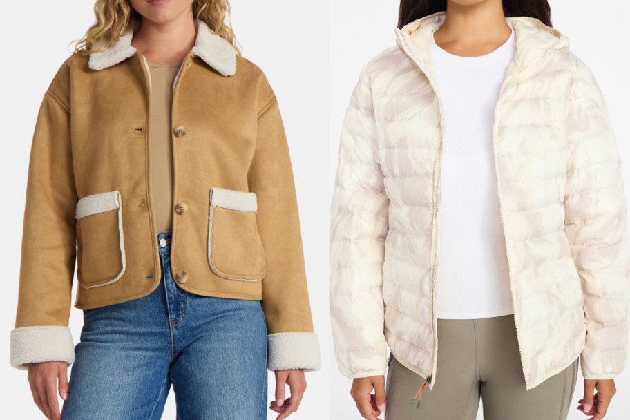 women in tan shearling and white puffer jackets