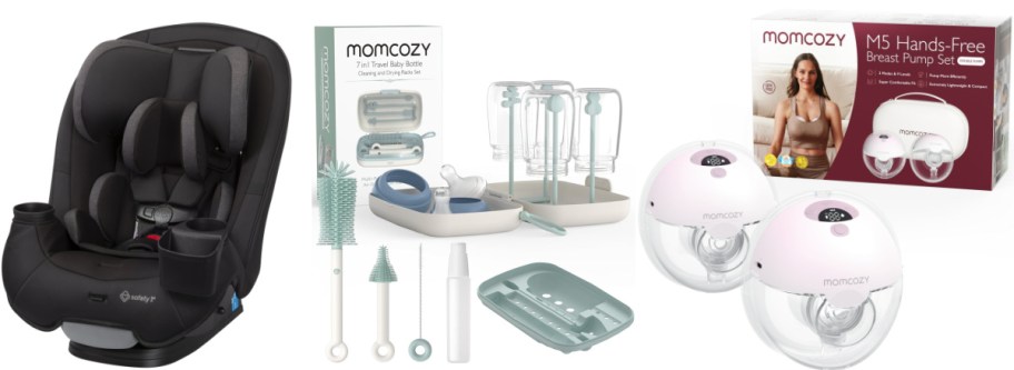 A collection of baby products including a black infant car seat with cup holders, a baby bottle cleaning set with various brushes and drying rack, and a Momcozy M5 hands-free breast pump with packaging.