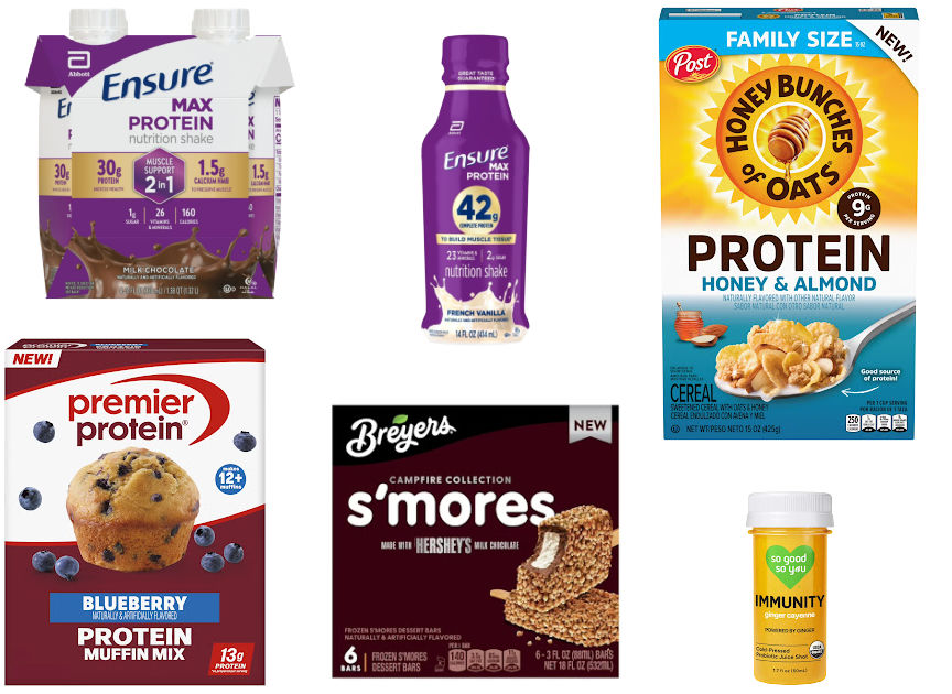 Six groceries on white background