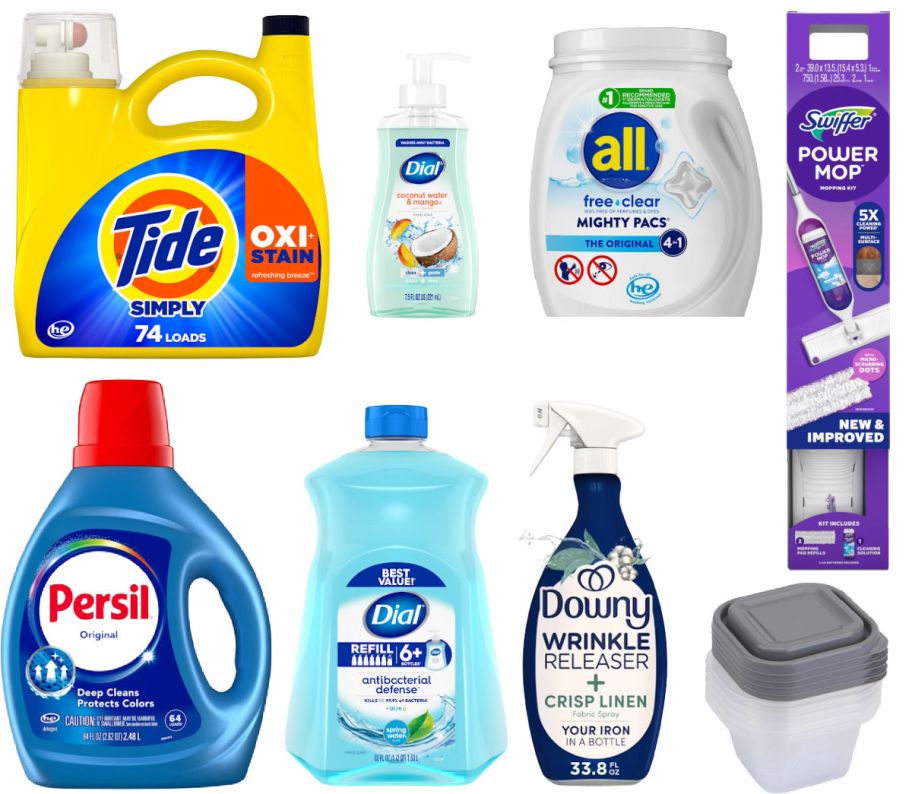 Eight household items on a white background