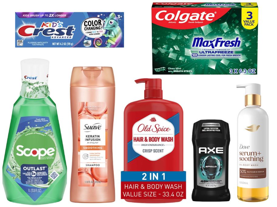 7 personal care products on white background