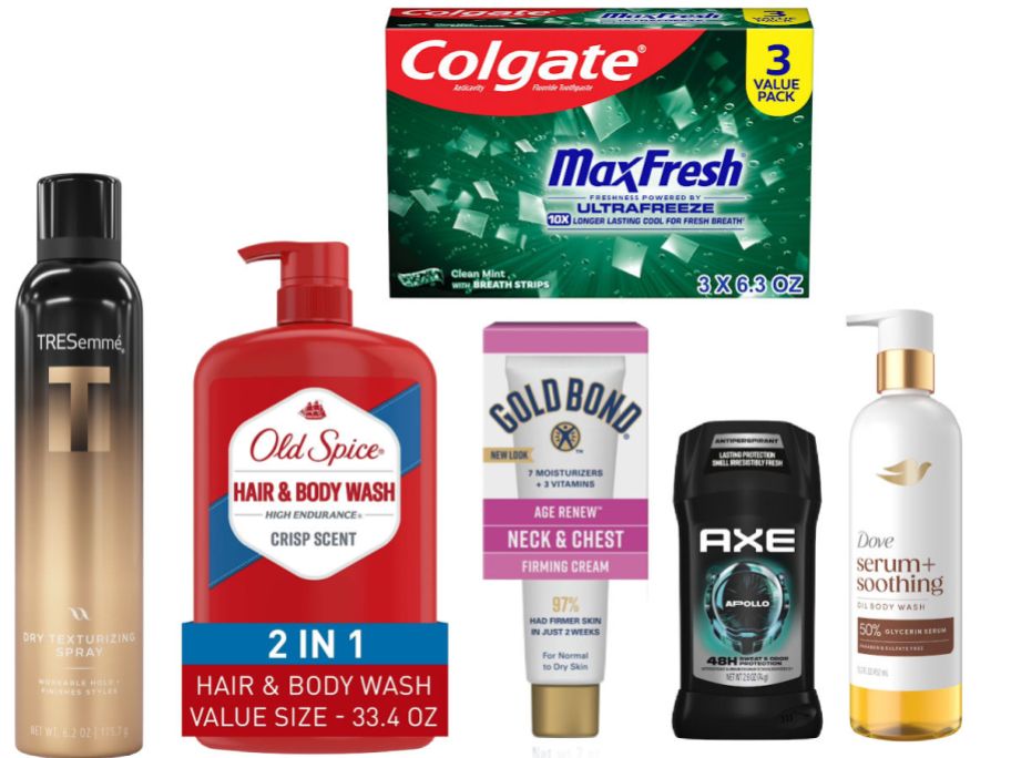 6 personal care items on a white background