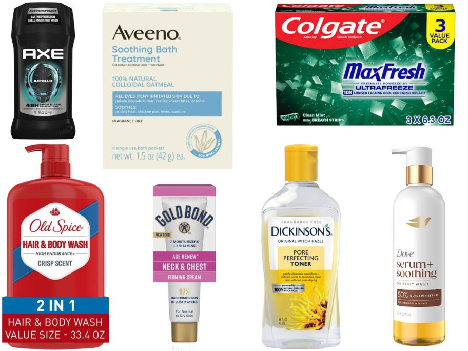 7 personal care items on a white background