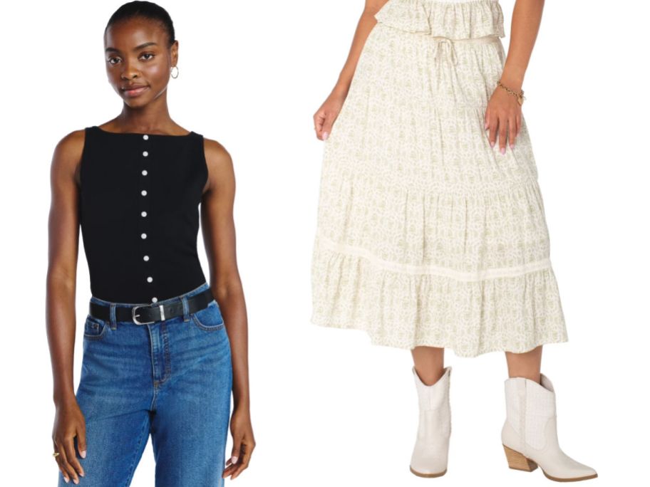 woman wearing black top next to white ruffle skirt on a white background