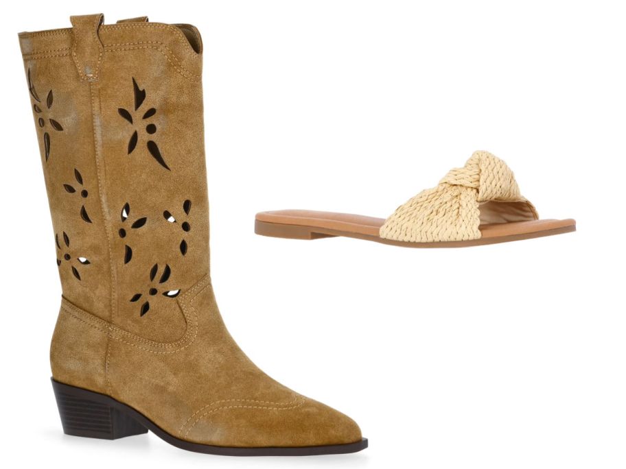 tan boot next to flat beige sandal