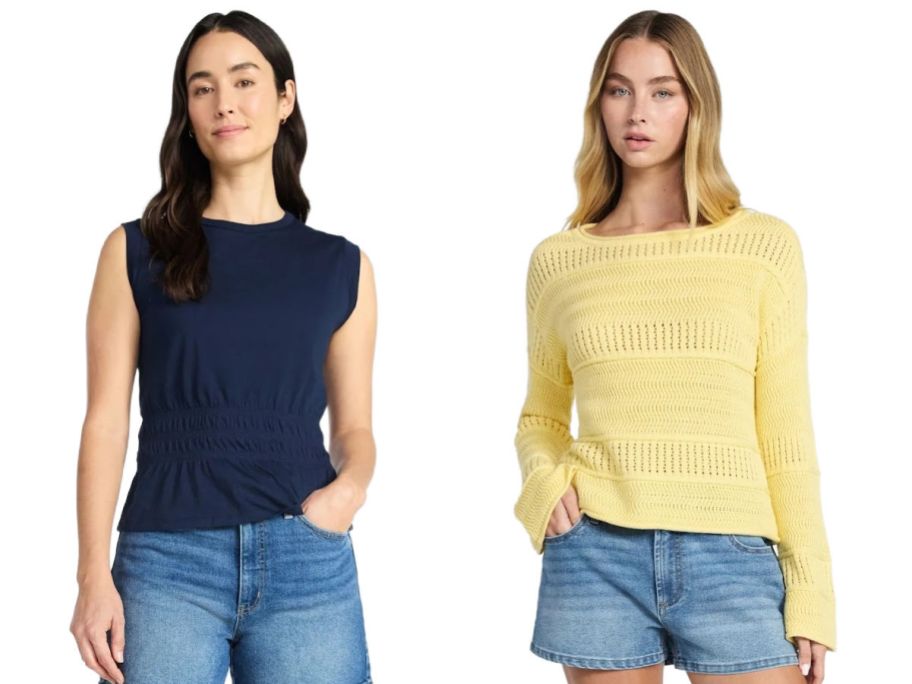 two women wearing summer outfits on a white background