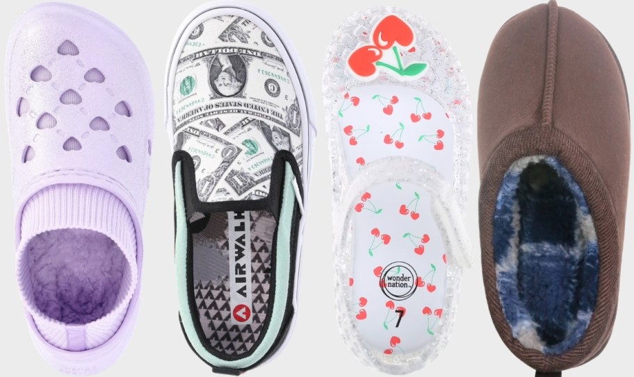 sneaker, jelly mary jane, and suede clog