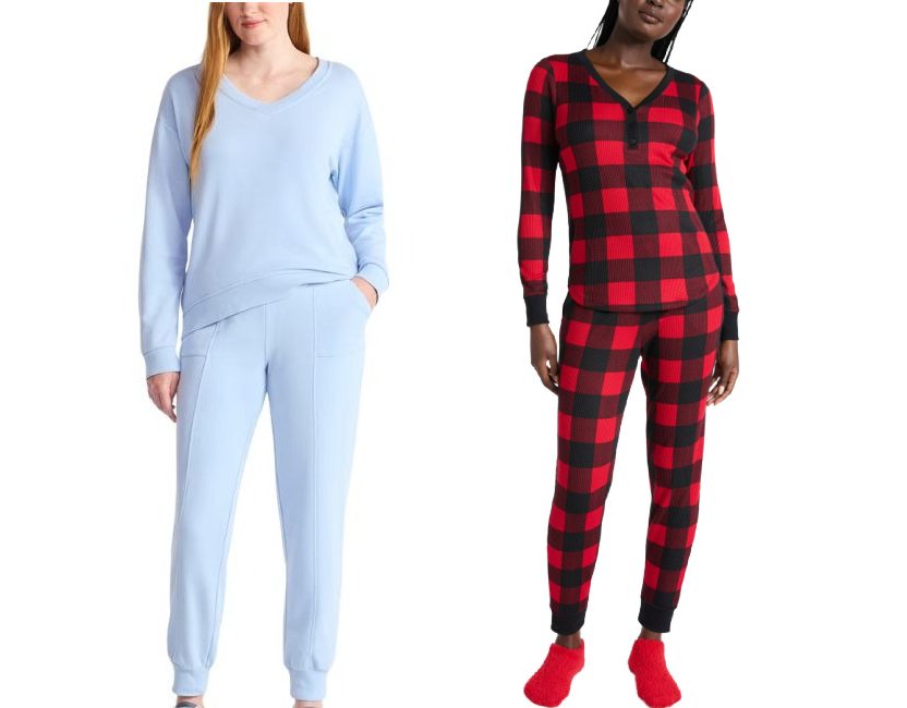 Three women stand showcasing pajama sets. One wears gray, one light blue, and one in a red and black plaid pattern.