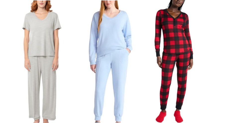 Three women stand showcasing pajama sets. One wears gray, one light blue, and one in a red and black plaid pattern.