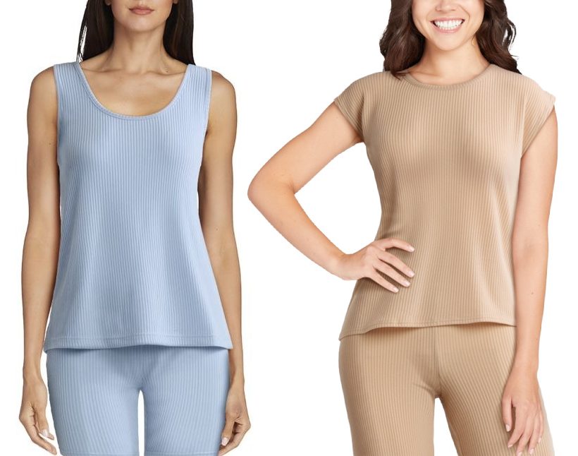 Women showcase comfy loungewear: a black hoodie with gray shorts, a blue ribbed set, and a beige ribbed tee and pants.