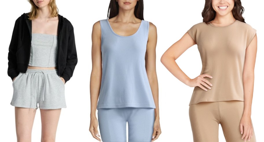 Women showcase comfy loungewear: a black hoodie with gray shorts, a blue ribbed set, and a beige ribbed tee and pants.