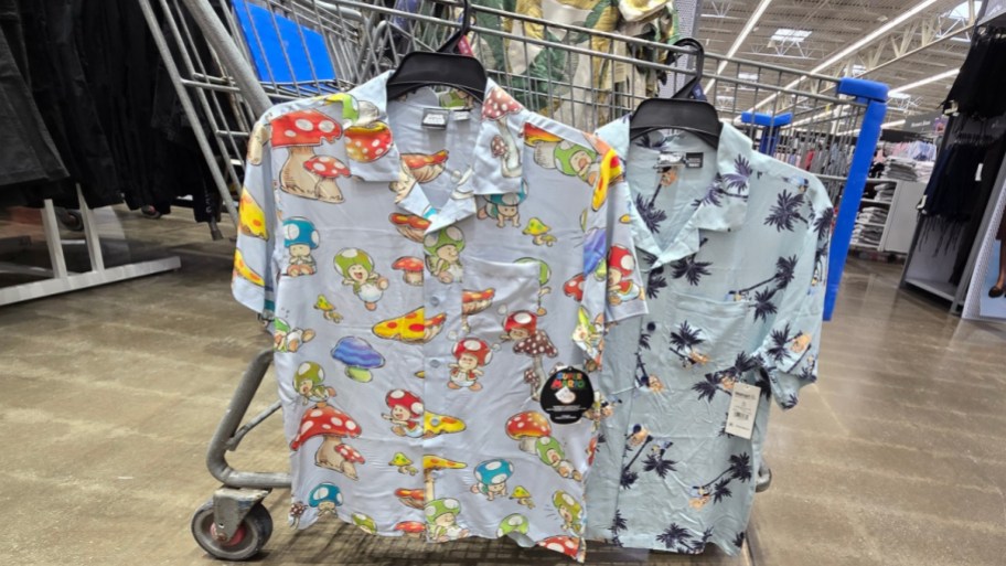 2 mens character hawaiian shirts on a shopping cart