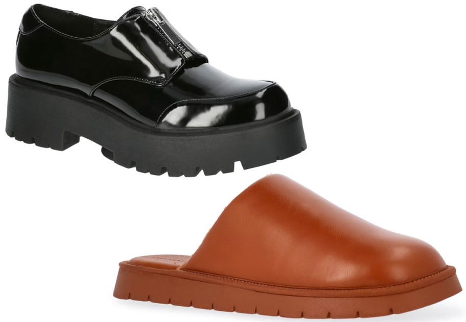 black loafers and tan mules 