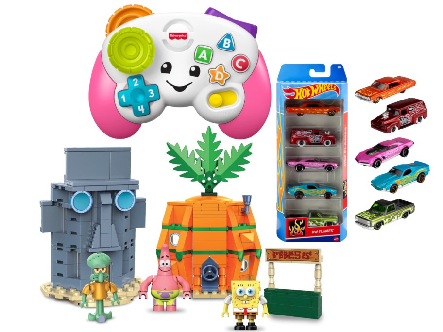 Colorful assortment of toys including a Fisher-Price controller, Hot Wheels car pack, and SpongeBob-themed figures with pineapple house and Squidward's house.