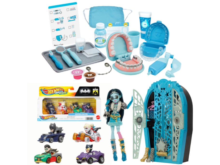 Collage of toys: dental kit with tools and teeth models, Hot Wheels Batman cars, and a doll with a blue wardrobe.