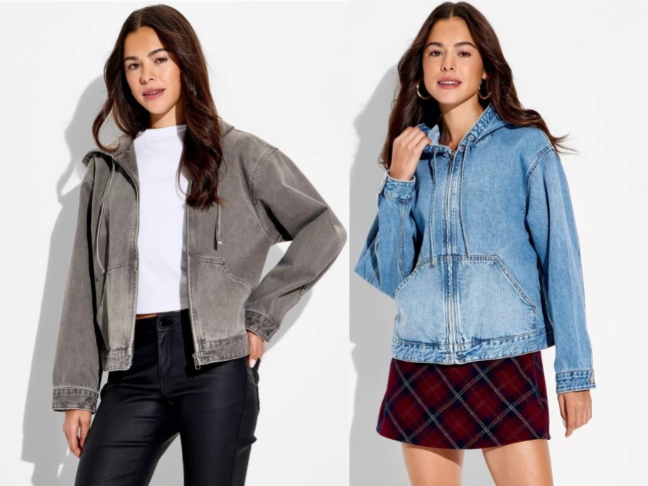 Two images of the same woman wearing two differnt colors of Wild Fable jean jackets.