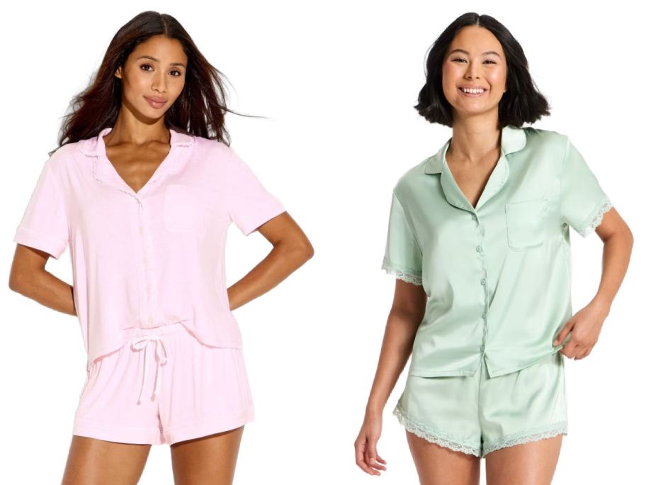 2 women wearing pajamas on a white background