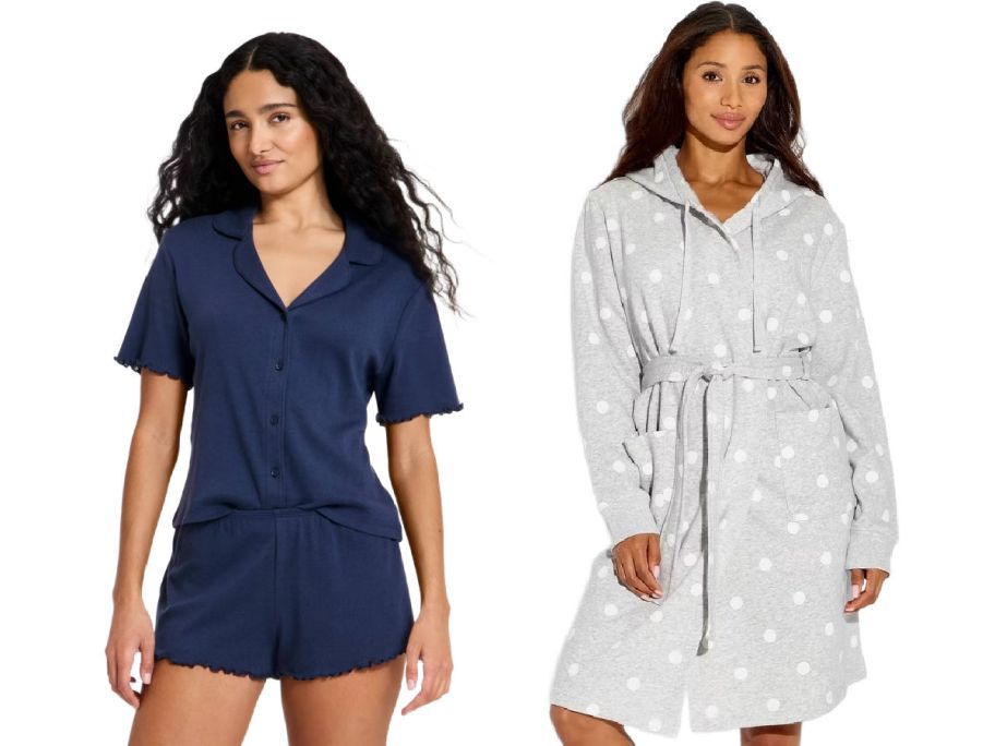 2 women wearing pajamas on a white background