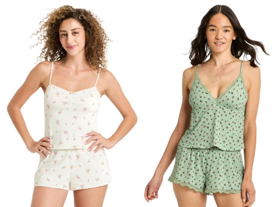 2 women wearing pajamas on a white background
