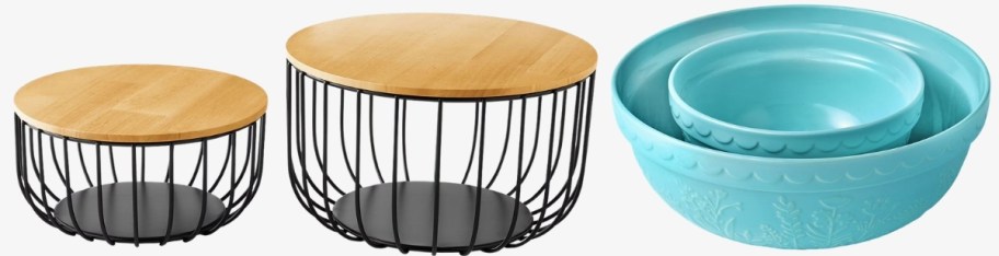 wire food storage bowls and ceramic food prep bowl set