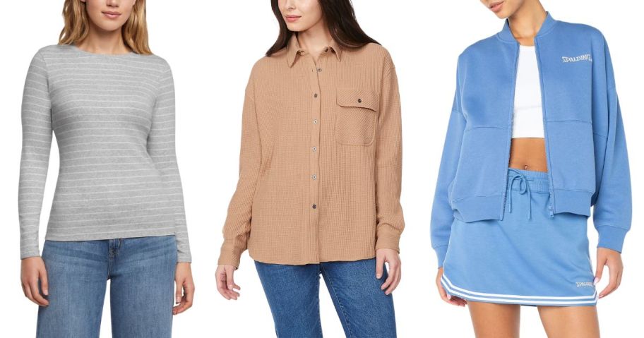 three women wearing tops