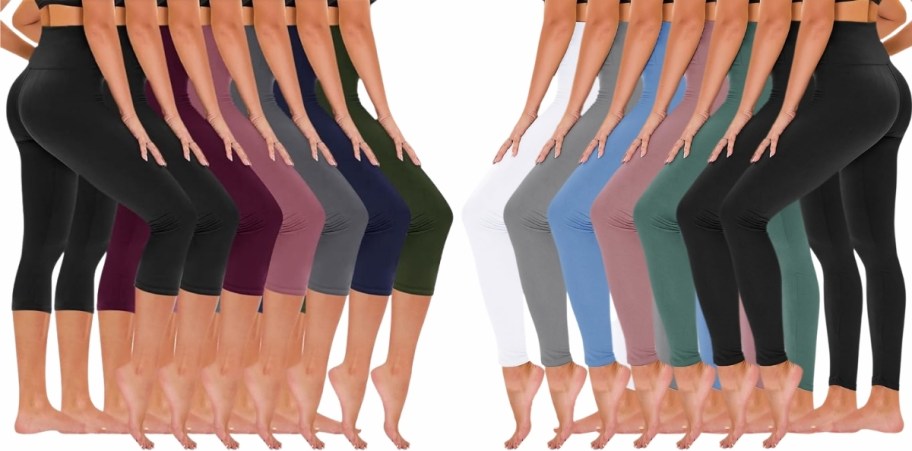 womens wearing capri and full lenght legging ins numerous colors