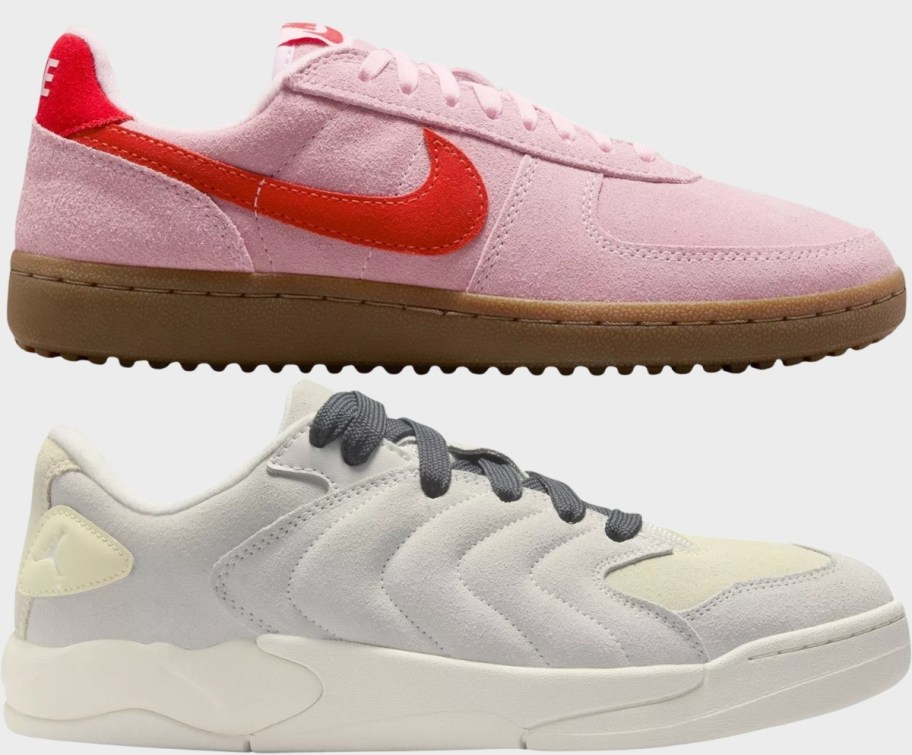 womens pink suede sneaker and white unisex sneaker