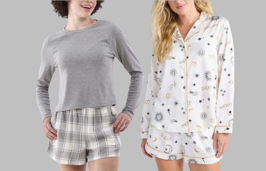 2 women in 3 different styles of shot pajama sets