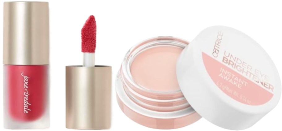 A pink-red lip and cheek tint with a gold cap, alongside a light pink under-eye brightener in an open white container.