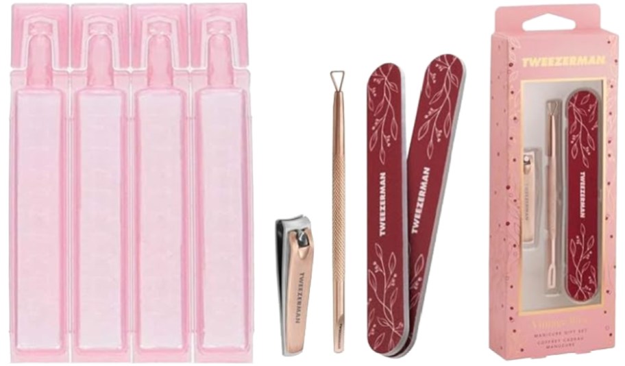 Saline solution vials and manicure set includes a nail clipper, cuticle pusher, and two red emery boards with floral designs.