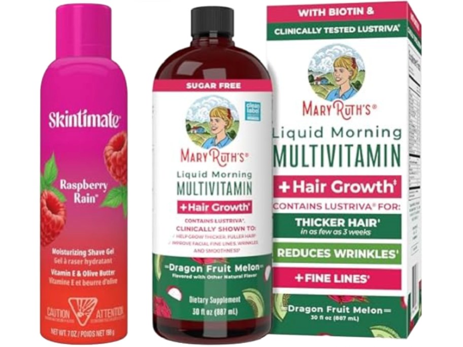 Two personal care products: Skintimate Raspberry Rain shave gel, and MaryRuth’s Liquid Morning Multivitamin with Hair Growth in a bottle and box. Brightly colored packaging.